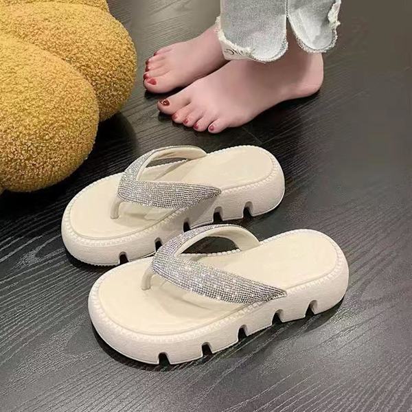 Flip-flops med strass för dam, mellanhög plattform, bling, bekväma flip-flops för strandbröllop sommar Flip Flops White 38-39