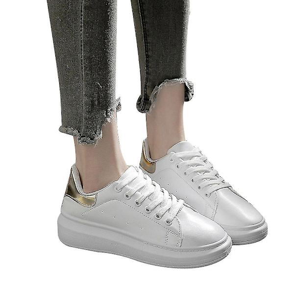 Fashion Höst Vinter Dam Casual Skor Låg Andas Snörning Loafers Dam Flickor Vit Fritid Gold 38