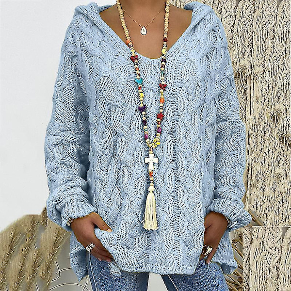 Långärmad stickad tröja för damer, arbets-hoodies, varm hoodie-tröja för vintern Sky Blue S