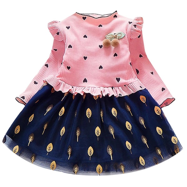 Småbarn Barn Flickor Ribbad Långärmad Volangklänning Skater Swing Tyllklänningar Pink 1-2 Years