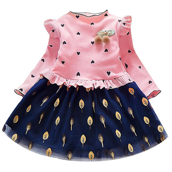 Småbarn Barn Flickor Ribbad Långärmad Volangklänning Skater Swing Tyllklänningar Pink 3-4 Years