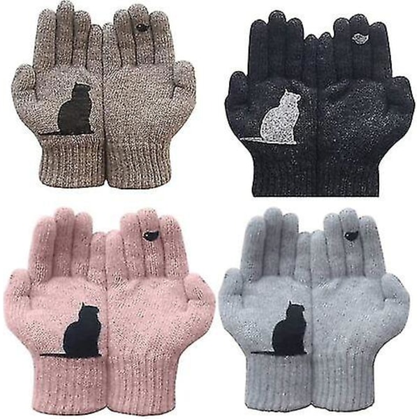 Mode kvinnor ylle handskar höst och vinter utomhus varm katt printed handskar pink