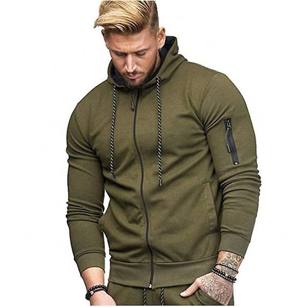 Herre Hættetrøje Lynlås Hættetrøje Vinter Sport Jogging Trøjer Toppe Army Green 2XL