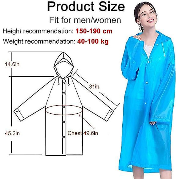 Genanvendelig regnfrakke til voksne, unisex nødregnfrakke, regnfrakke med hætte og snøre blue M