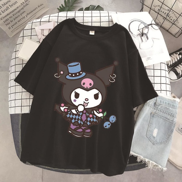 Söt Kuromi- print Harajuku-tröja för tonåringar för kvinnor Toppar med kort ärm sommar, rund hals och lös passform Casual T-shirts Black M