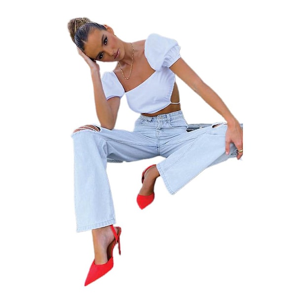 Dam Hög Midja Trasiga Jeans Baggy Raka Ben Jeans Byxor Blue M