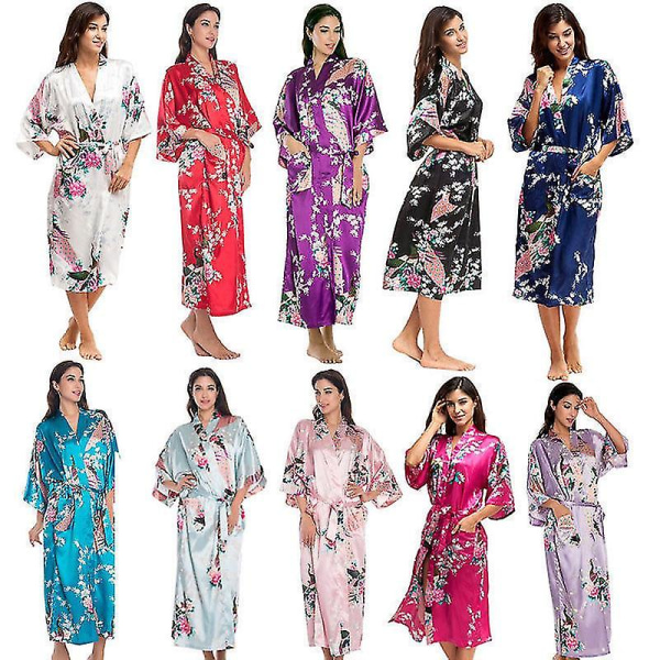 Damblommigt printed mjukt satin Kimono Morgonrock Bröllop Morgonrock Sovkläder Navy Blue XL