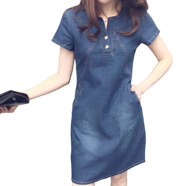 Dame Denim Skjortekjoler Rund Hals Med Knap Afslappet Tunika Top Til Daglig Shopping Dark Blue XL