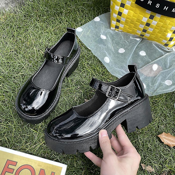 Kvinnor Spänne Läder Skor Hög Klack Slitstarka Rundade Skor För Dagligt Bruk 39 Bright Leather Black