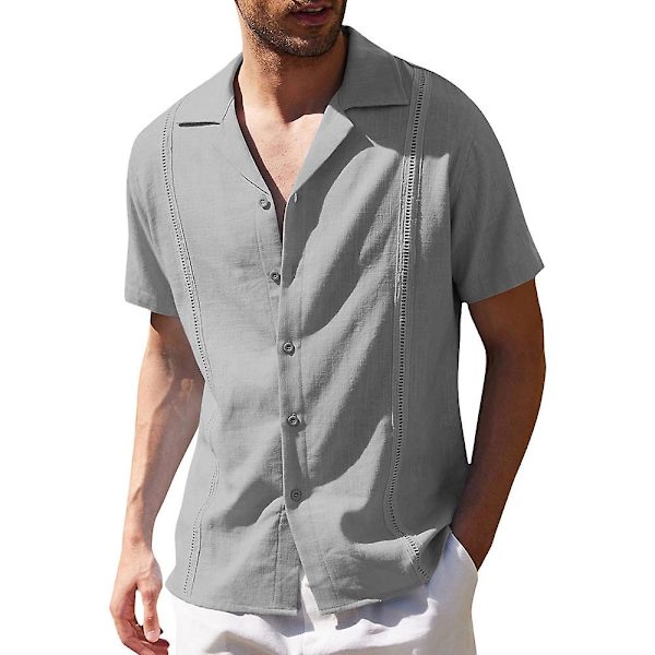 Herre Ensfarvet Revers Kortærmet Knapskjorte Sommer Afslappet Løs V-hals Toppe Grey 3XL