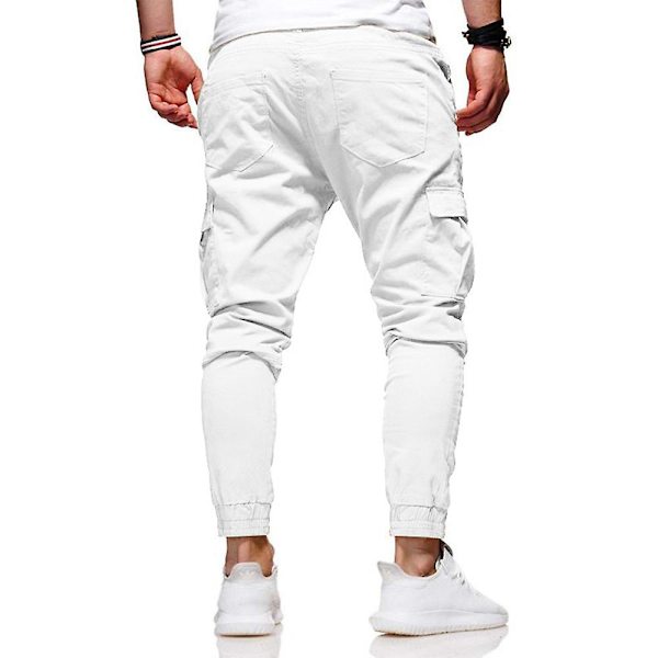 Miesten yksiväriset kiristysnyörilliset cargo-taisteluhousut, pitkät collegehousut, urheiluun, kuntosalille, vapaa-aikaan White XL