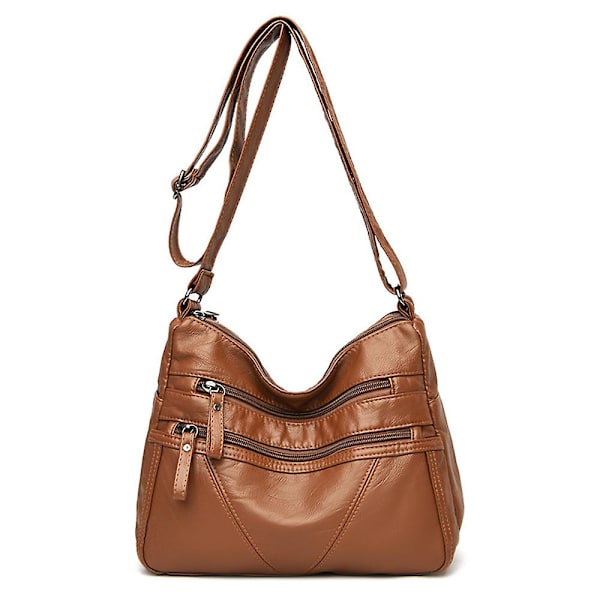 Dam Solid Crossbody Axelväska Multipla Fickor Satchel Dragkedja Stor Kapacitet Messenger Bag Brown