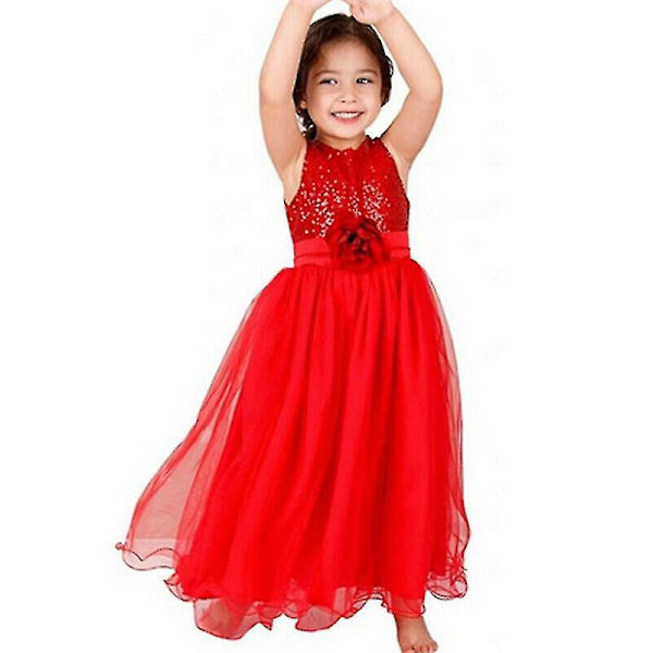Barne Jenter Prinsesse Paljettkjole Fest Bryllup Brudepike Tutu Kjoler Red 2-3 Years