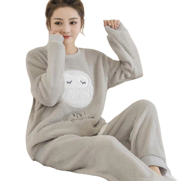 Dam Vinter Flanell Pyjamas Set Söta Tryckta Mjuka Långärmade Topp Och Byxor Loungewear För Kvinnor Flickor Nattkläder Grey Owl L