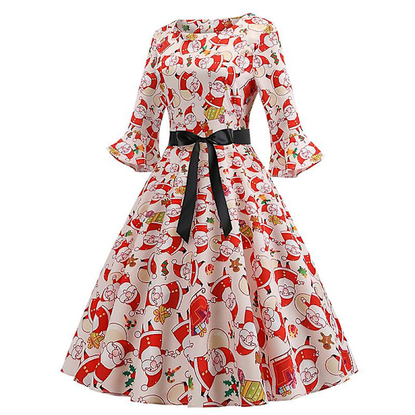 Naisten Vintage-mekko Pyöreä pääntie Pitkähihainen Rypytyshiha Joulupukki-painatus Vyöllinen Slim 2XL