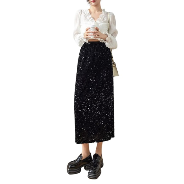Kvinnors sidosprundna långa kjolar glänsande glitter enfärgad elastisk midja kjolar för arbete affärskontor klubb M