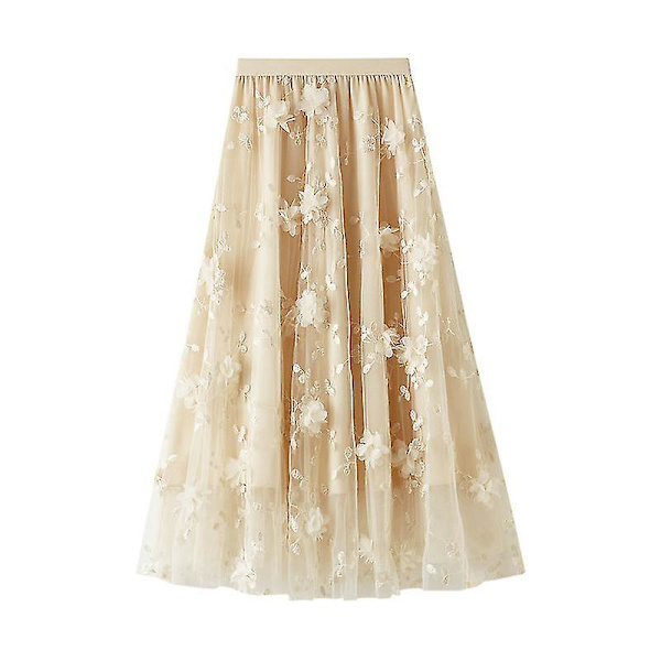Kvinnors Mesh Broderi Halvlång Kjol Garn Kjolar A-linje Konst Hög Midja Lång Kjol Beige