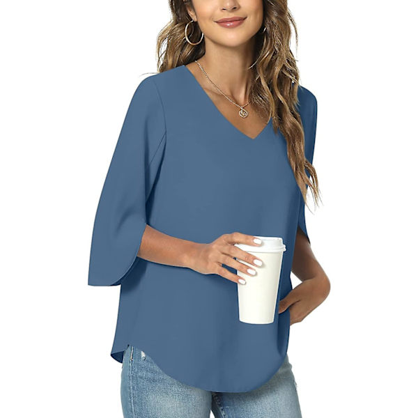 Sommar kvinnor casual skjorta, V-hals lös tunika topp för leggings, split 3/4 ärmar chiffong blus Blue X-Large