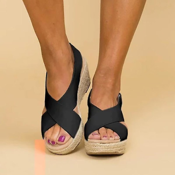 Dam sommar ankelrem mid wedge klack espadriller plattform sandaler skor Black EU 42