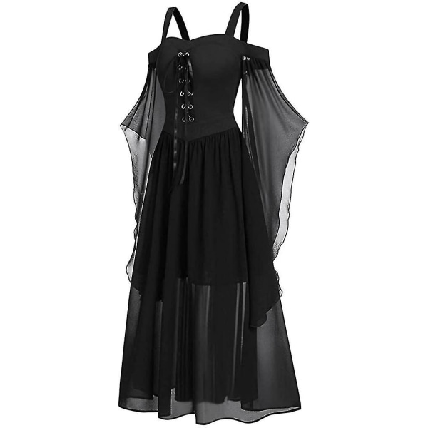 Maxiklänning med fjärilsärm för kvinnor medeltida punk gotiska kläder Sexig halloweenkostym Kallaxelkorsettklänningar A-black Small