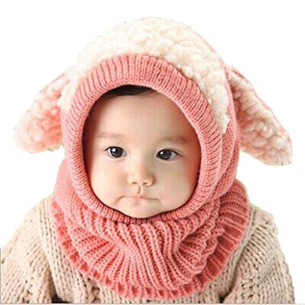 Baby Strikket Lue Varm Vinterhette Med Øreklaffer Skjerf For Gutter Jenter Pink