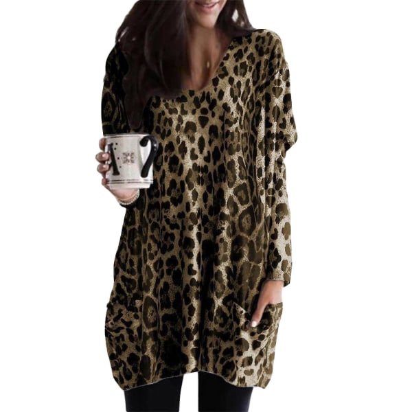 Løse, avslappede langermet topper for kvinner, genser, bluse, T-skjorte med lommer, pluss størrelse Leopard Khaki 4XL
