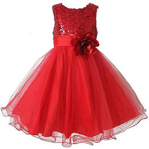Barne Jenter Prinsesse Paljettkjole Fest Bryllup Brudepike Tutu Kjoler Red 3-4 Years