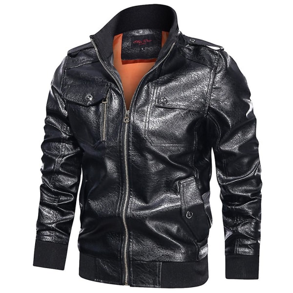 Män Faux Leather Motorcykel Zip Jacket Military Biker Coat Ytterkläder Black XL