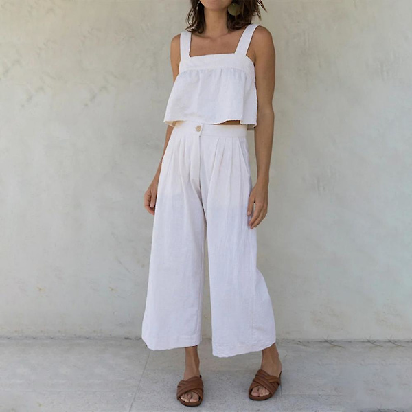 Dame Bomuld og Linned Tank Sæt Sommer Firkantet Hals Vest Sæt Til Shopping og Transport White XL