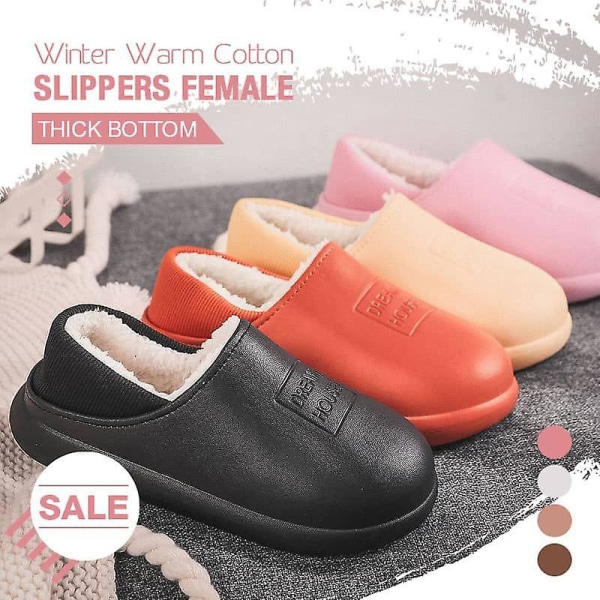 Dame Herre Vinter Varme Hjemmesko PU Læder Kort Plys Bløde Indendørs Par Sko Anti Slip Hyggelige Pink 33-34