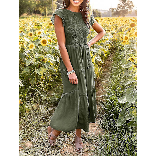 Sommarklänning för damer, ledig, med korta fjärilsärmar, rund hals, smockad resår i midjan och volangkjol i midilängd Armygreen Small