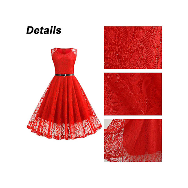 Dam Klänning Spets Retro Rockabilly Midi 50-tals 60-tals Kväll Fest Swing Sommarklänning Red XL