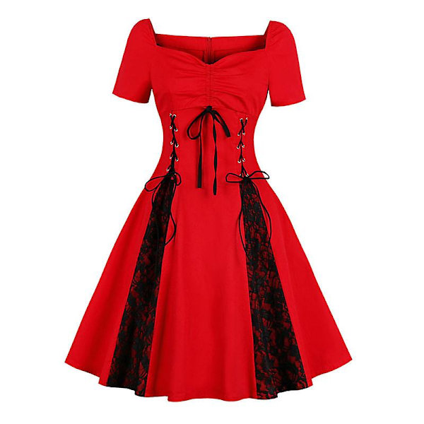 Dame Retro Hepburn Kortærmet Kjole Blonde Patchwork Snørekjole Swing A-linje Kjoler Red S