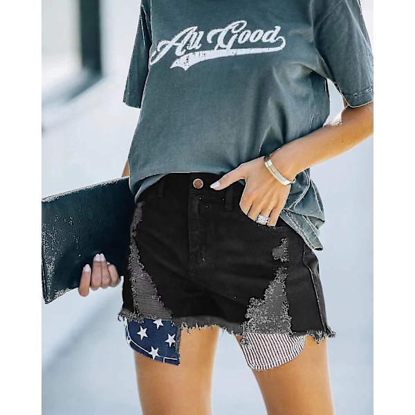 Afslappede Mid Waist Oprullede Kanter Distressed Strækbare Denim Shorts Dame Shorts Skinny Denim Hot Pants Black XL