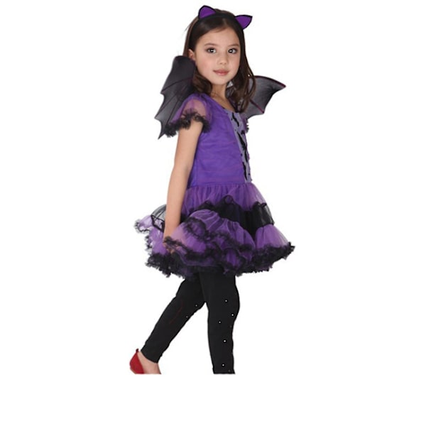 Lasten Tyttö Halloween Verkkomekko Lepakkosiipi Päähine Noidan Kolmiosainen Setti 6-7 Year