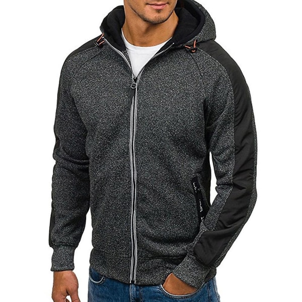 Herr Färgblock Långärmad Hoodie Sport Casual Dragkedja Huvtröja Ytterkläder Med Fickor Black Grey L