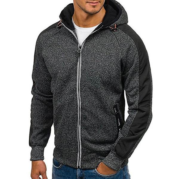 Herre Colorblock Langermet Hettegenser Sport Fritid Glidelås Hettejakke Yttertøy Med Lommer Black Grey M