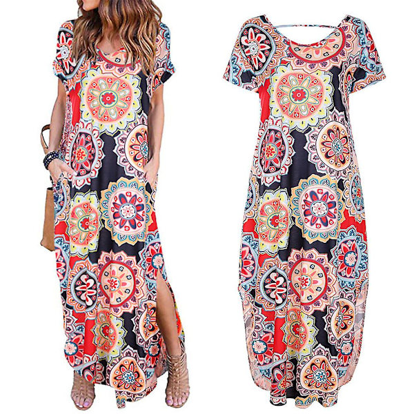 Dame Pullover Strikkjole Kortærmet V-hals Casual Lang Kjole Sommer Strand Ny Red flower S