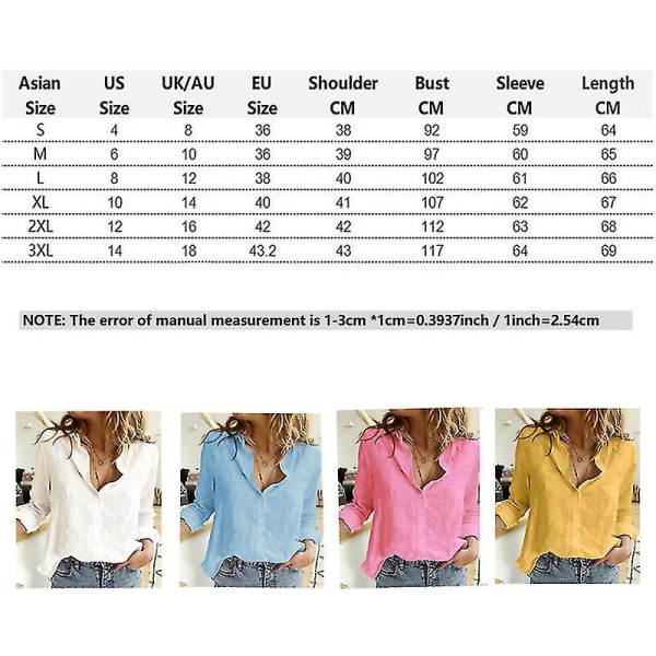 Dame V-hals T-skjorte Langermet Bluse med Knapper White L