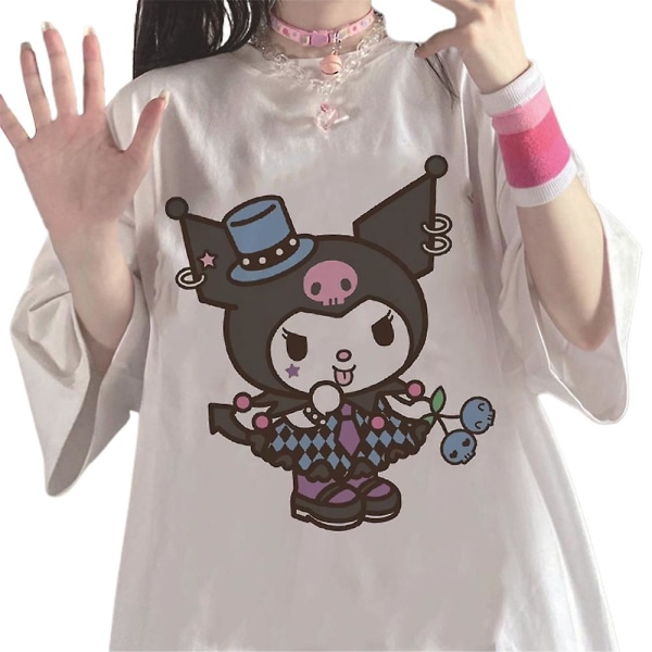 Söt Kuromi Print Harajuku T-shirt för damer tonåringar toppar sommar kortärmad rund hals lös passform casual T-shirts White 2XL