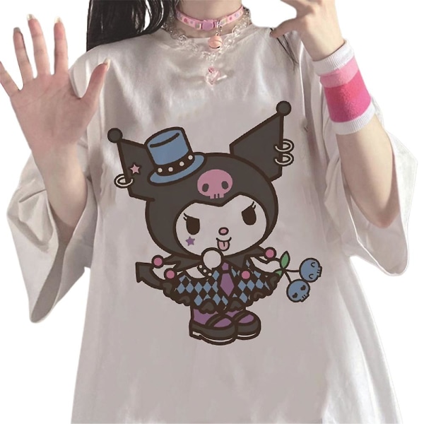 Søt Kuromi-trykk Harajuku T-skjorte for jenter/tenåringer, sommer, kort erme, rund hals, løs passform, avslappet T-skjorte White S