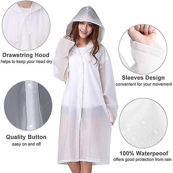 Genanvendelig regnfrakke til voksne, unisex nødregnfrakke, regnfrakke med hætte og snøre white XL