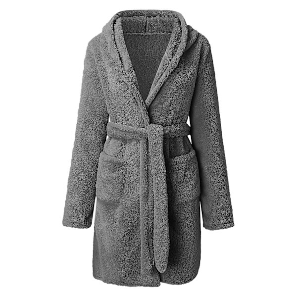 Vinter og høst fuzzy badekåpe dame korallfleece hjemmeklær hette åpen front med belte Gray S