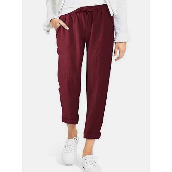 Lös passform Dam Byxor Bomull och Linne Casual Byxor Enfärgade Byxor med Fickor Claret 4XL