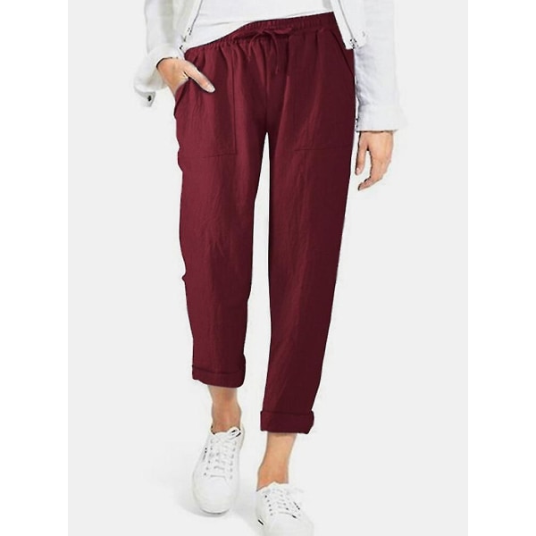 Løse damebukser i bomull og lin, fritidsbukser i ensfarget design med lommer Claret 4XL