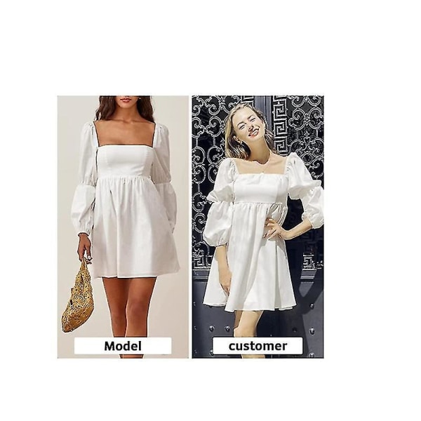 Damklänning med fyrkantig hals lång puffärmad A-linje Casual Kort Mini Klänning White L