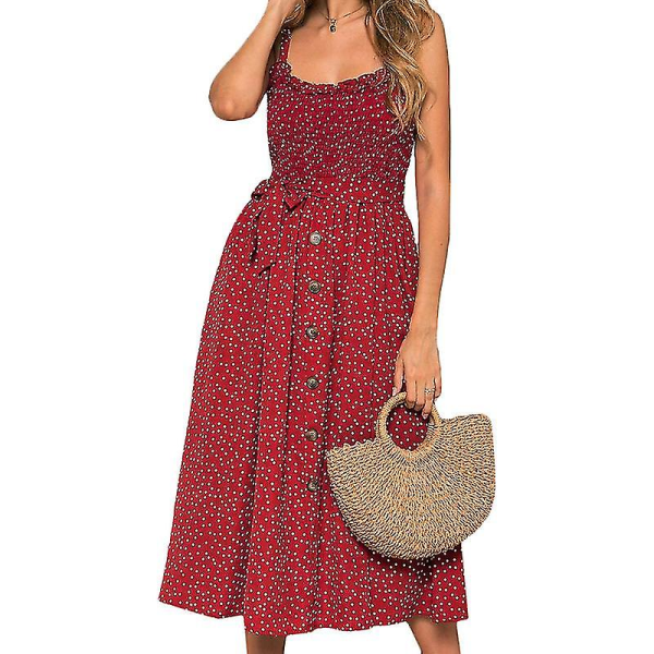 Dam Sommar Prickig Midi Klänning Semester Bälte Strand Gunga Lös Sundress Red L