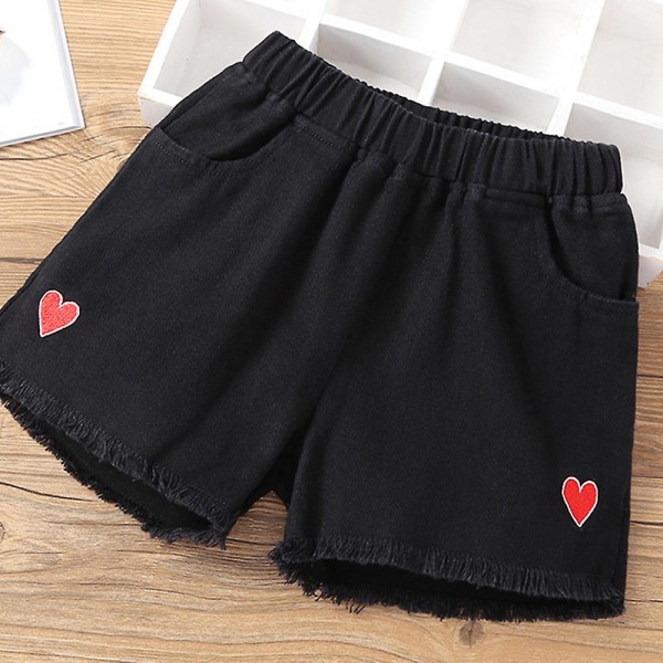 Løse denimshorts til piger med hjertebroderi, afslappede og komfortable shorts til tur, hverdag og hjem Black 130cm