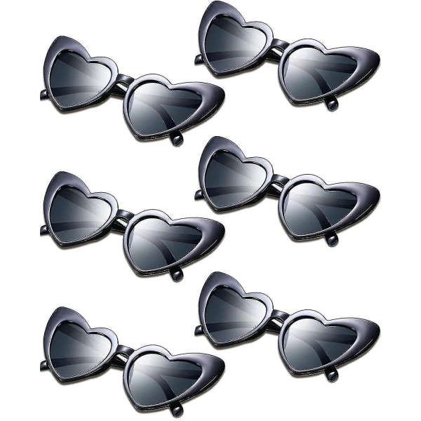 6 Par Hjerteformede Solbriller Cat Eye Solbriller Vintage Hjertebriller For Bryllup Kostymefest Black