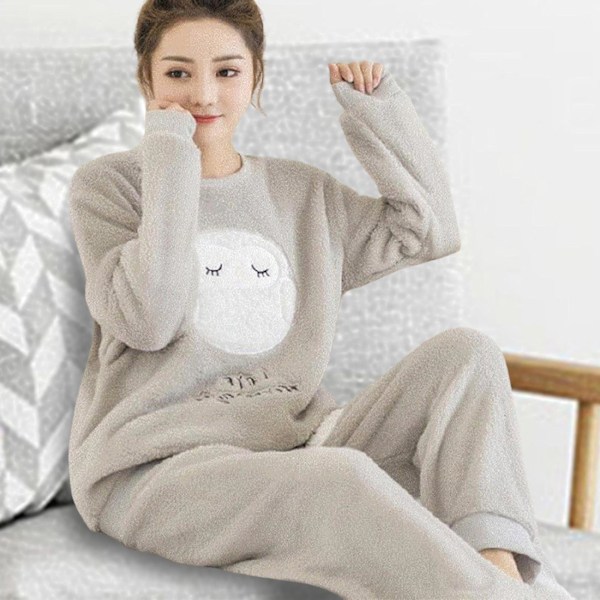 Dam Vinter Flanell Pyjamas Set Söta Tryckta Mjuka Långärmade Topp Och Byxor Loungewear För Kvinnor Flickor Nattkläder Grey Owl L
